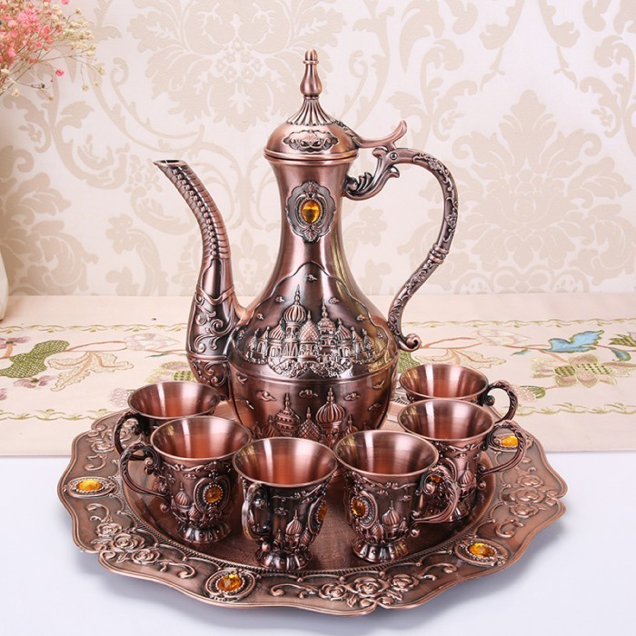 Cangkir Teko Set Turki Arab Tea Set Pot Persia Teko Zamzam Aluminium - Gold