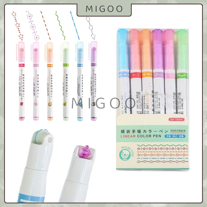 

MiGoo 1 Set 6 Pcs Pulpen Roller Pen Higlighter Stamp Motif Garis Hiasan DIY Scrapbook Roller Spidol Garis Bentuk Bunga Line Makers
