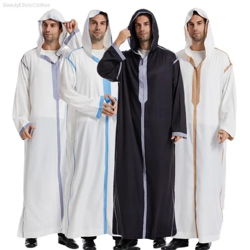 Muslim Islamic Men Traditional Costumes Hooded Long Dress Jubba Thobe Saudi Arabia Kaftan Ramadan Ro