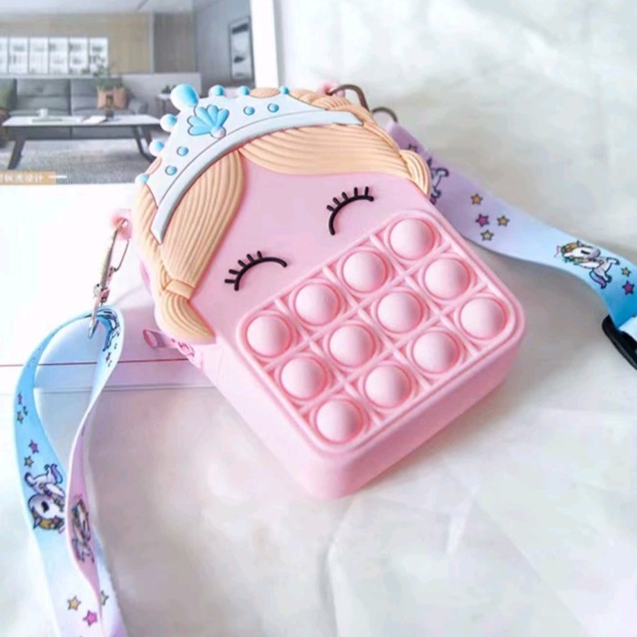 Tas pop it princess mahkota pink tas selempang anak perempuan pop it