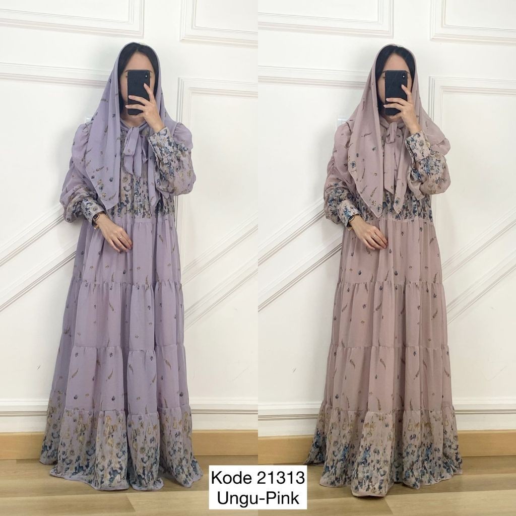 21313 LONG MAXI RUMPLE BUNGA MOTIF FULL PRINT LENGAN BALON VARIASI KERAH V NECK MIX TALI PITA PREMIU