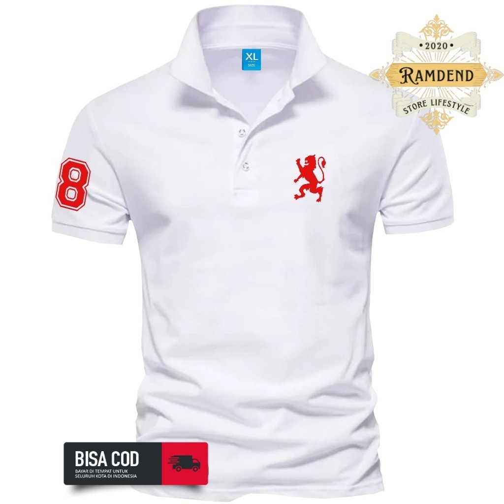 Baju Kaos Polo Shirt Giordano Lion Text Merah Premium Pria Wanita Terbaru Kekinian Ramdend