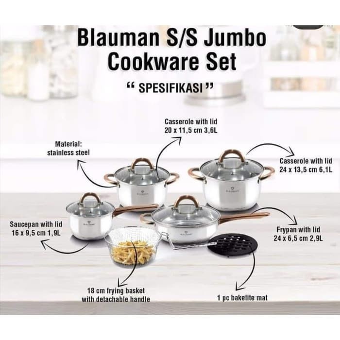 DISKON  RAMADHAN Blaumann Cookware Set, Panci Masak Set Stainless Bertutup