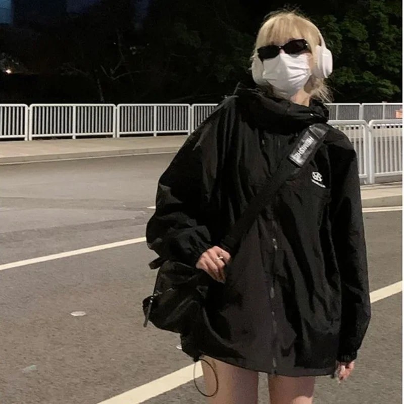 Deeptown Autumn Waterproof Hooded Jacket Women Pure Color Zipper Techwear Windbreaker OKn Fashion Y2