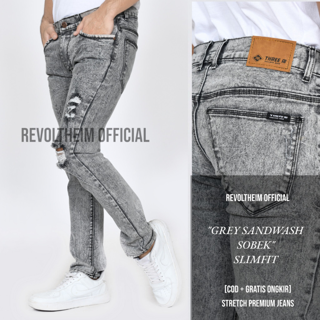 Celana denim pria- Celana Jeans Sobek Pria Slim Fit Destroy Stretch Grey Sandwash Acid Cowok Tebal D