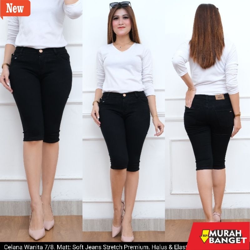 Celana pendek denim wanita- Celana 7/8 Jeans Stretch Hitam . Celana Pendek Jeans Wanita Murah