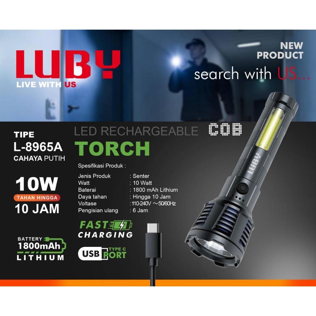 Senter Tangan Luby L8965A Lithium 10 watt COB Led Rechargeable Cahaya Putih 10 Jam USB C 8965 A LED