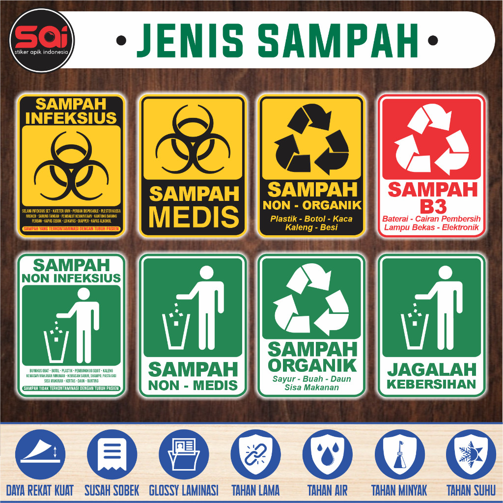 

stiker vinyl anti air JENIS SAMPAH INFEKSIUS - MEDIS - ORGANIK - LIMBAH B3 -JAGALAH KEBERSIHAN laminasi glossy