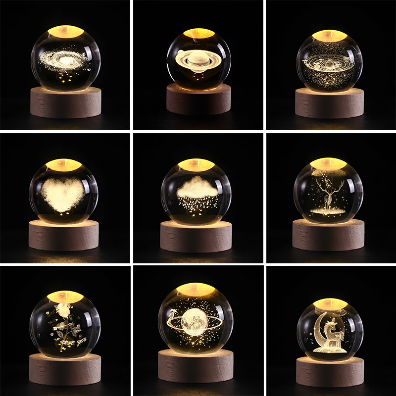 3D Moon Crystal Ball Night Lights Glowing Planet Galaxy Astronaut Solar System Laser Carving Crystal
