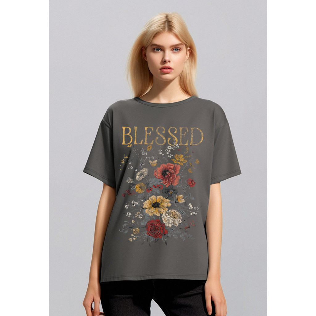 LTF37 kaos oversize wanita dark grey washed efek kaos band grunge distressed blessed flowers abu tua