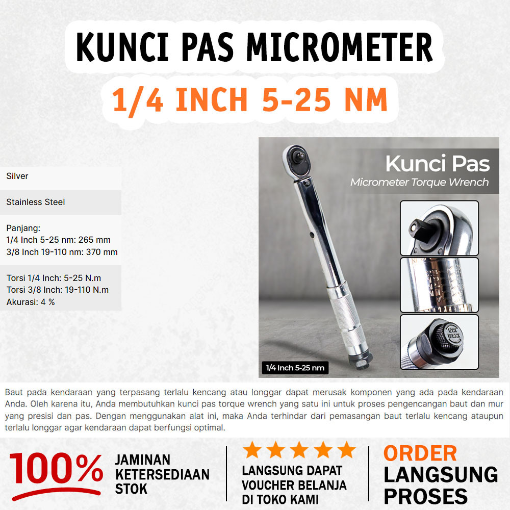 Alat Kunci Pas Dua Arah / Kunci Torsi Torsi Searah Jarum Jam Saja 1/4 5-25nm - Silver