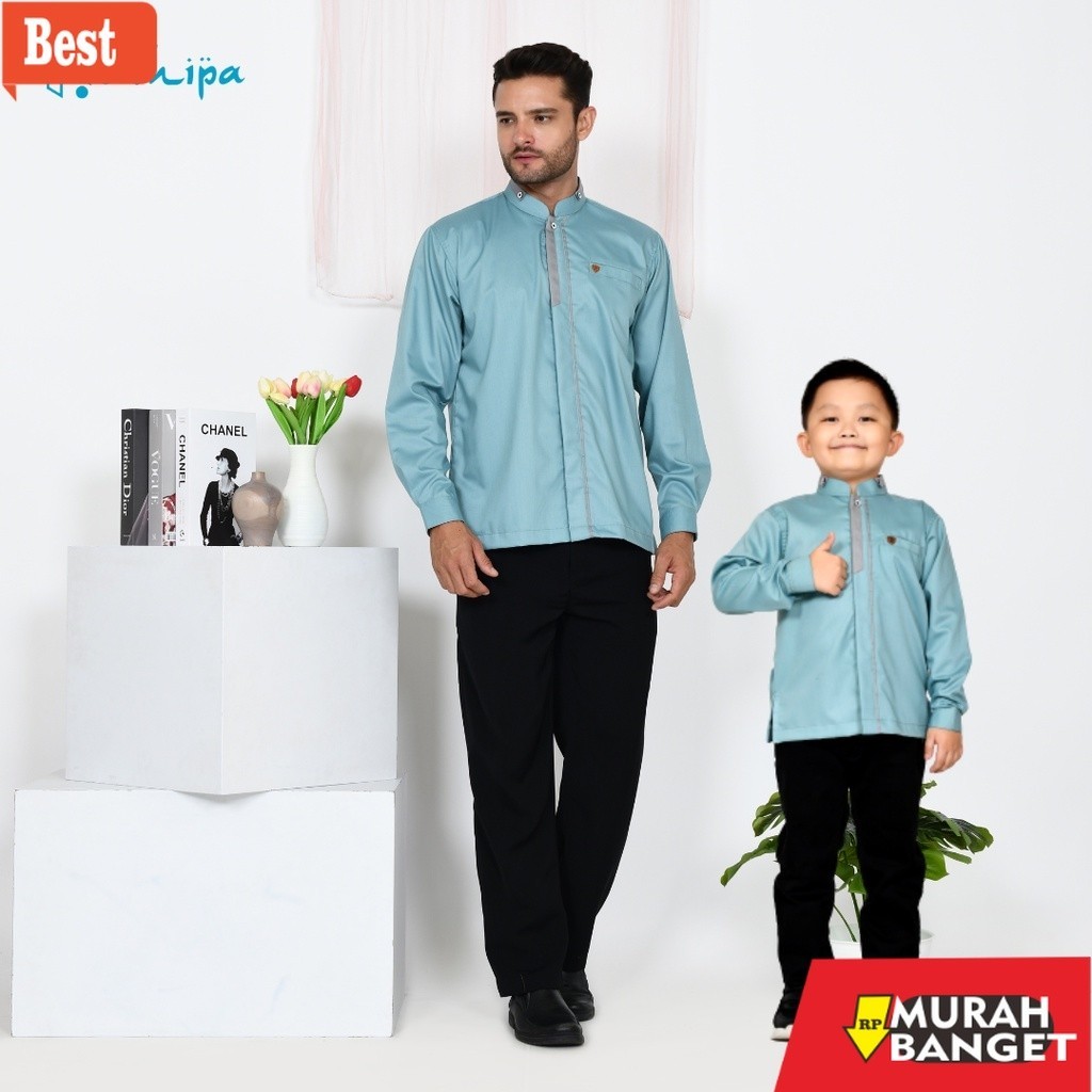 Baju timur tengah pria- Koko Kemeja Couple Utsman Ayah Anak lengan panjang warna Biru Wardah