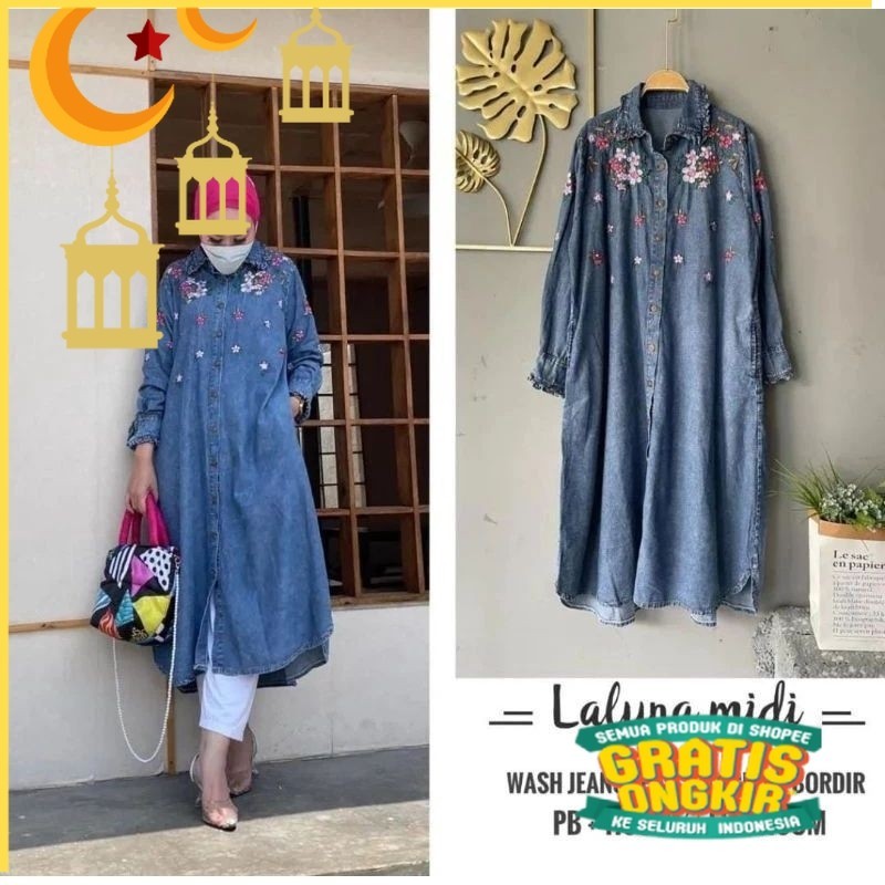 Laluna maxy dress jeans outer/nude yellow kuning mustard