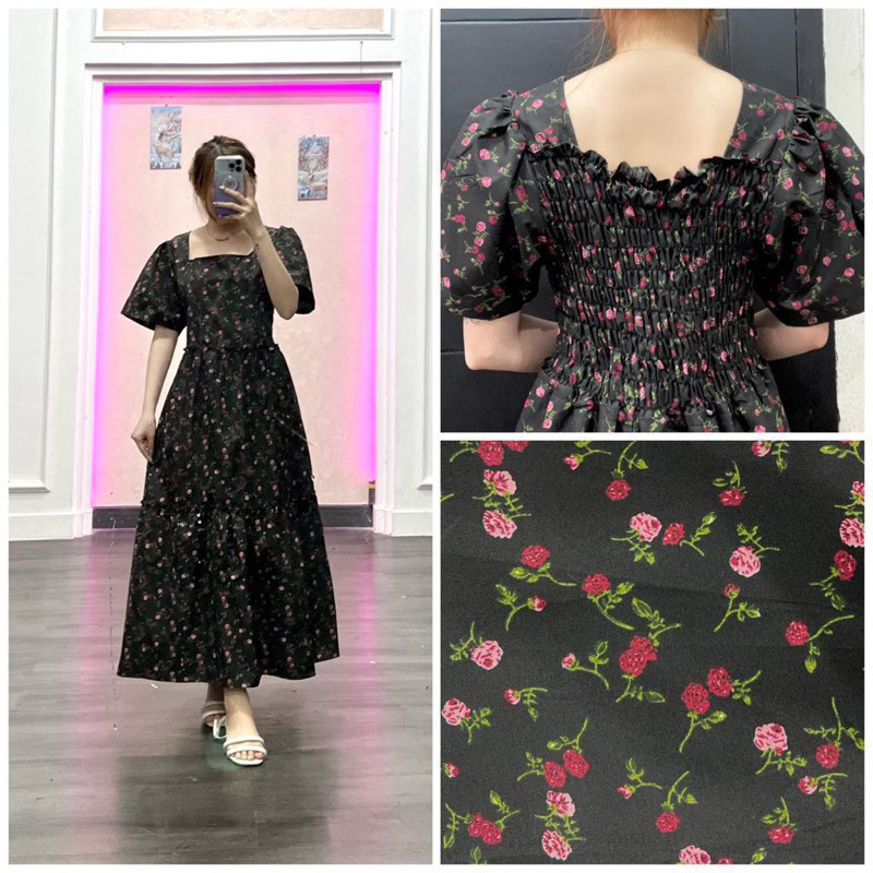 WFS88 Fashion Baju Dress Floral / Yerika Dress / Dress Lengan Pendek smocked / Dres casual Motif Bun