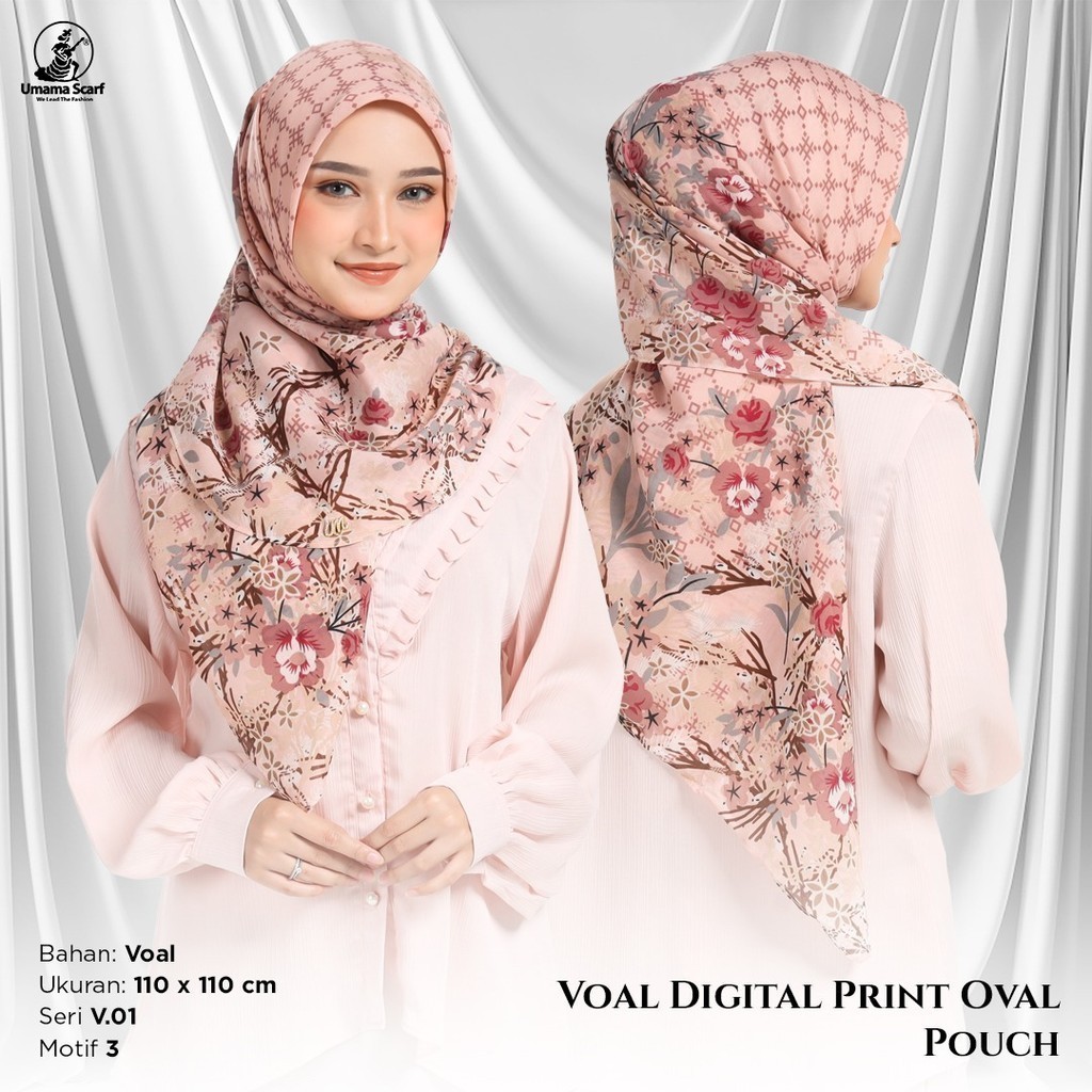 Paket 3 pcs Voal Oval Digital Printing Original by UmamaScarves Pouch Metal Logo Swarosky Permata / 