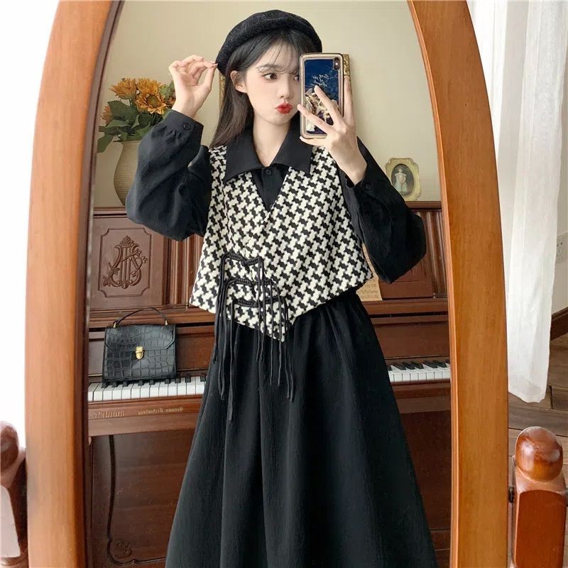 Academy style short style thousand bird grid buckle vest+high waisted dress two-piece set for women