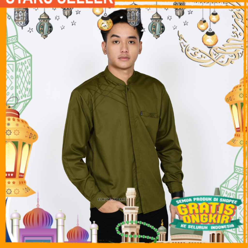 Baju Koko Pria Dewasa Lengan Panjang Warna Olive Motif Signature Original Elrumi/ hitam putih merah 