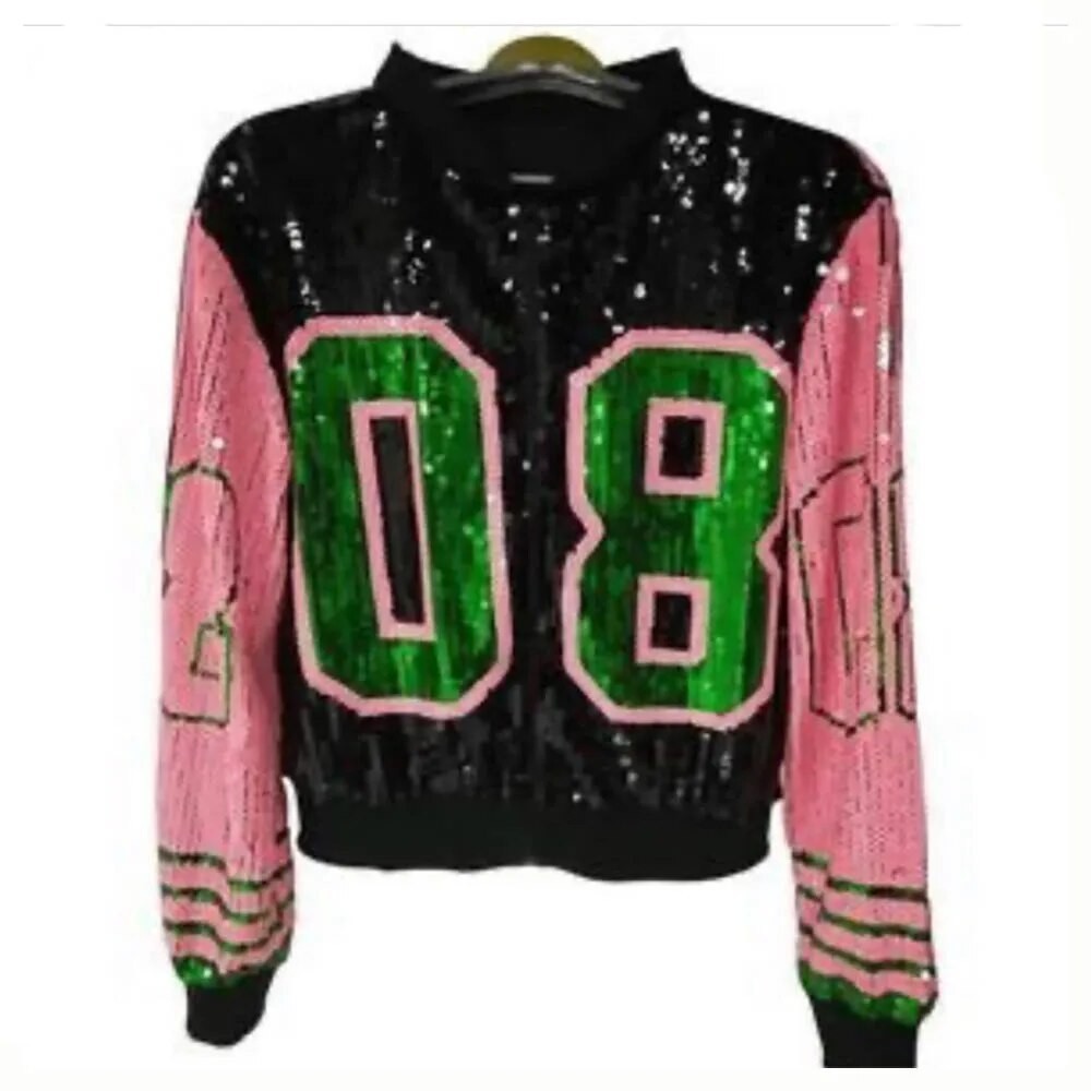 Greek  Sorority Pink Green Black Number 08 Sequin Jacket Clothing Party Club Top Loose Clothes