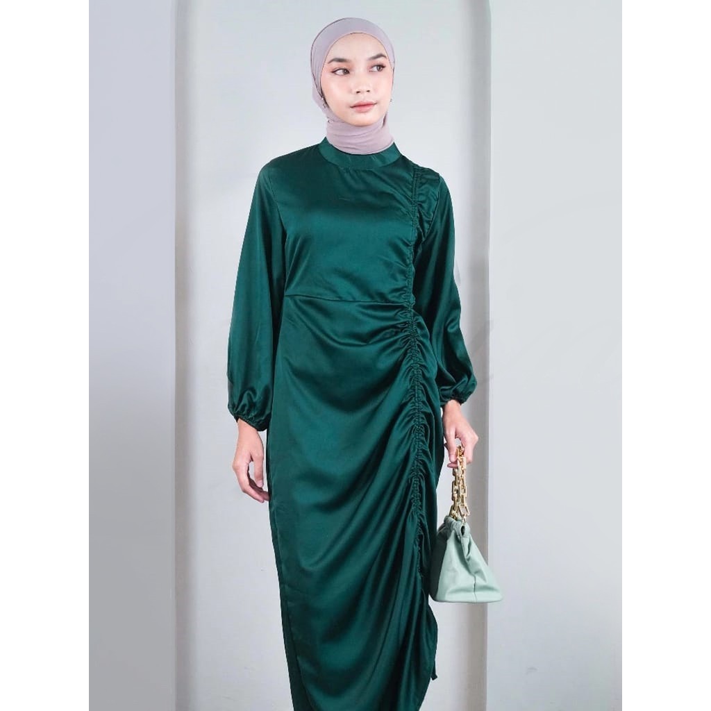 ARISA Dress Satin Wanita Outfit Kondangan Baju Lebaran Dress Wanita Maxi Korean Style Dress Serut Le