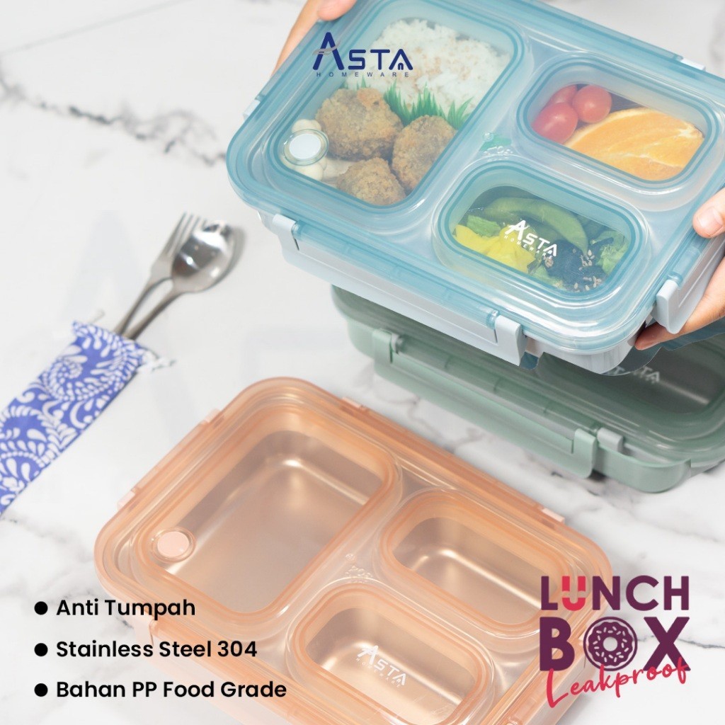Asta Kotak Makan Stainless Steel Anti Tumpah 304 Leakproof Lunch Box 3 Sekat