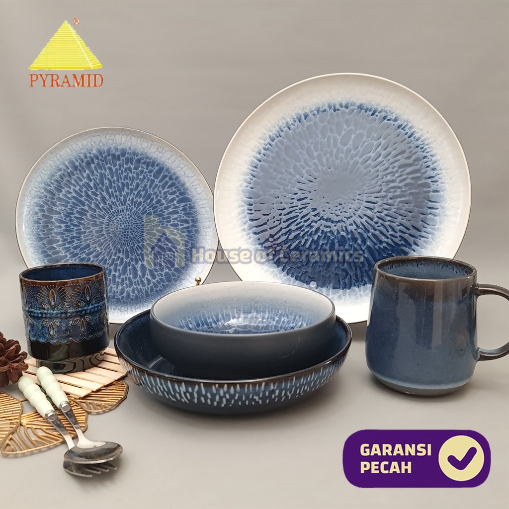 PYRAMID Piring Mangkok Keramik PORCELAIN Series BIRU Piring Mangkok Bulat Cantik Aesthetic