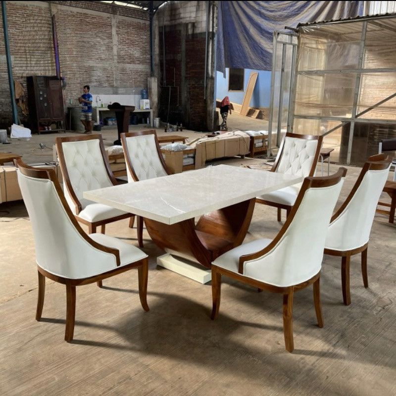 SET MEJA MAKAN MARMER MEJA MAKAN KAYU JATI TOP MARMER
