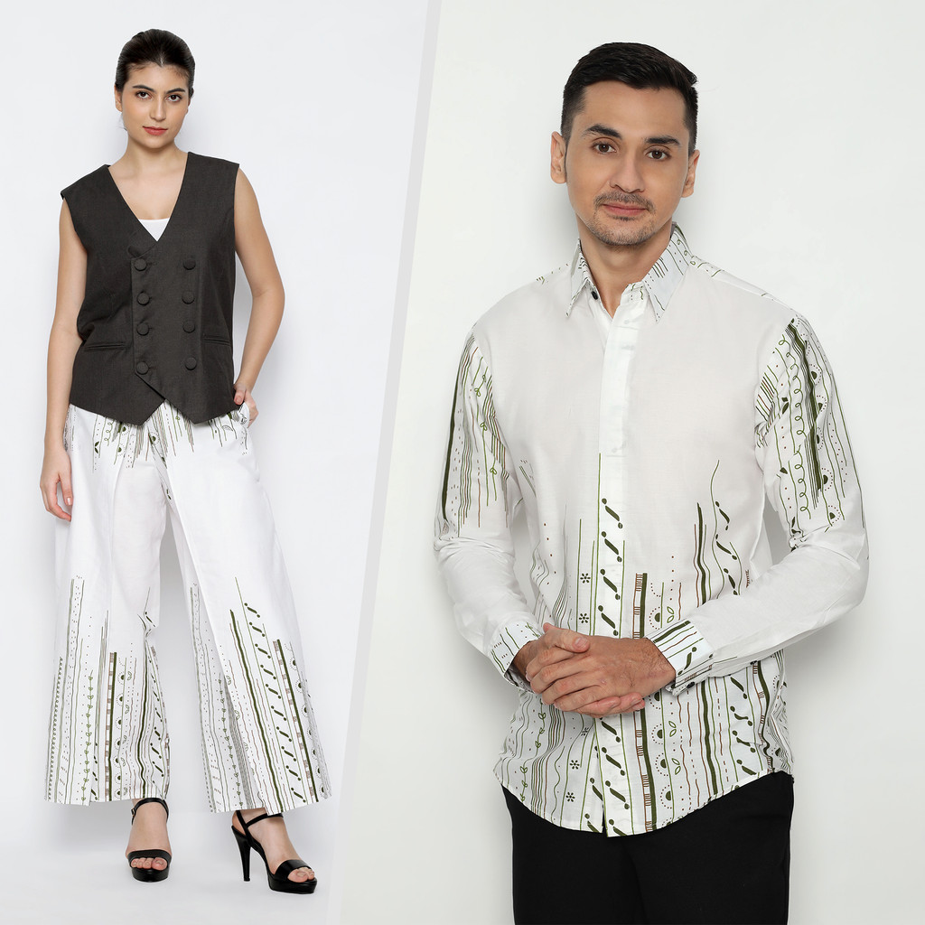 BAJU BATIK COUPLE Kemeja Rok Lilit Instan Batik Pria Lengan Panjang Warna Putih Hijau 72 Batik x Pis