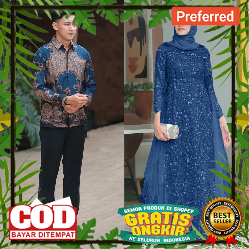 GAMIS BRUKAT COUPLE - Gamis Brukat Maxi Dress Auliya Lengan Panjang Baju Kondangan Wanita Kekinian D