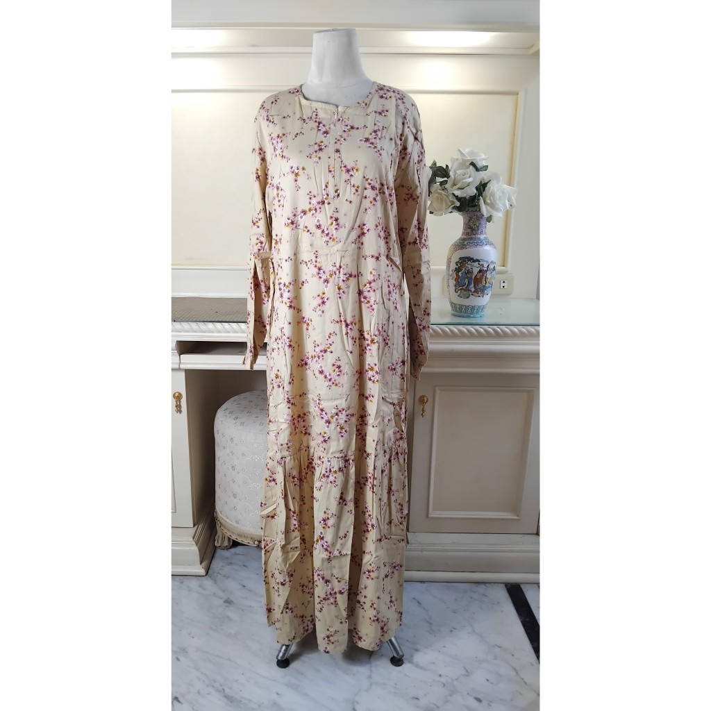 GAMIS KATUN JEPANG MOTIF BUNGA RANTING KECIL UNGU KUNING(CREAM)