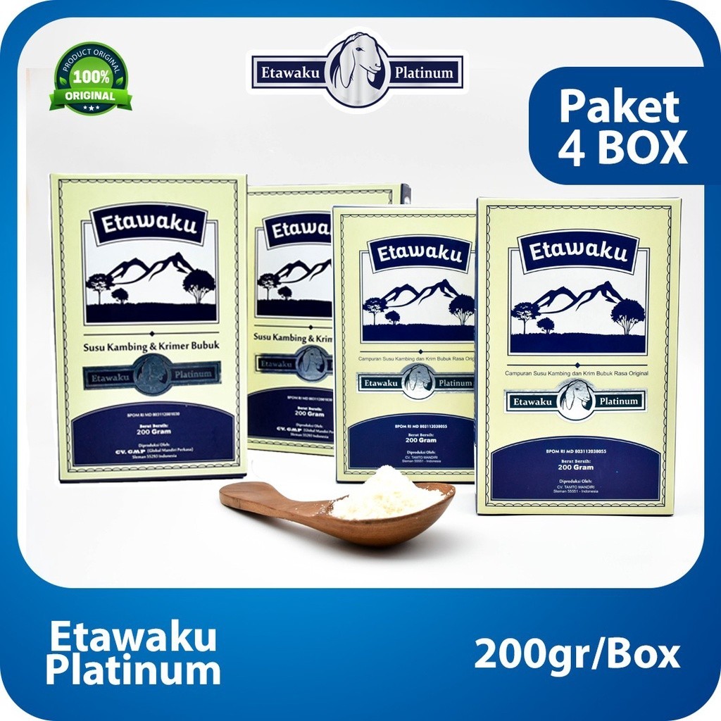 

Etawaku Platinum Paket 4 Box - Susu Kambing Etawa Murni + Krimer Bubuk yang Berkhasiat Tinggi Memiliki Kandungan Protein dan Vitamin Kompleks yang lengkap , melancarkan pencernaan serta Dapat Mengatasi Nyeri Persendian