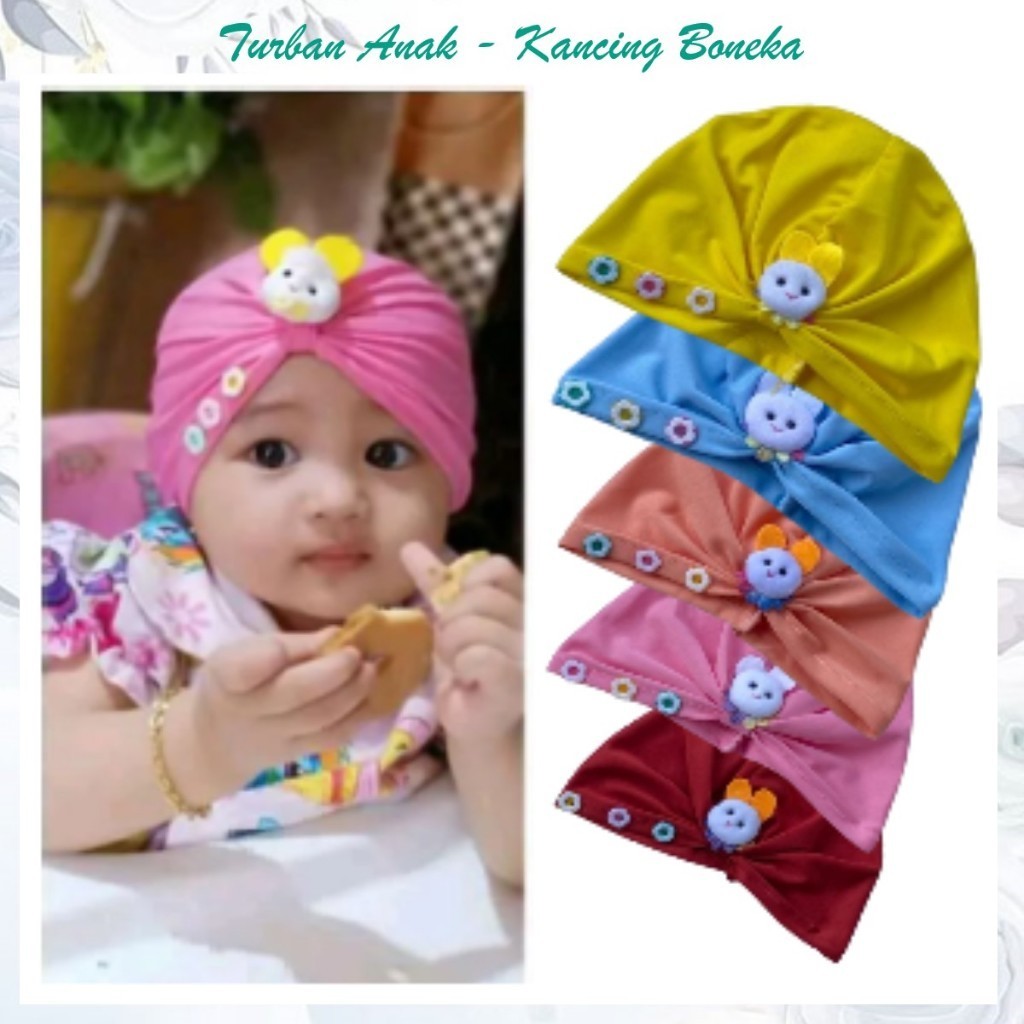 Turban Anak Lucu Motif Kancing Boneka Usia 0-3 Tahun / Turban Bayi Perempuan Bahan Jersey