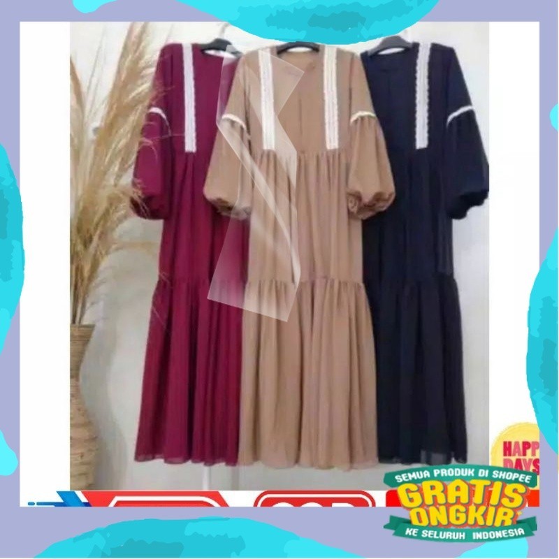 Salsa Dress / Gamis Ceruty Babydoll Terbaru Full Puring Aplikasi Renda / Fashion Wanita Muslim / Gam