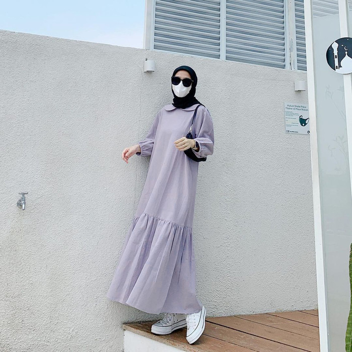 (SALE) -Midi Dres Gamis Midi - Dress remaja Baju Tunik Wanita Terbaru - Jumbo - Sof purple, M