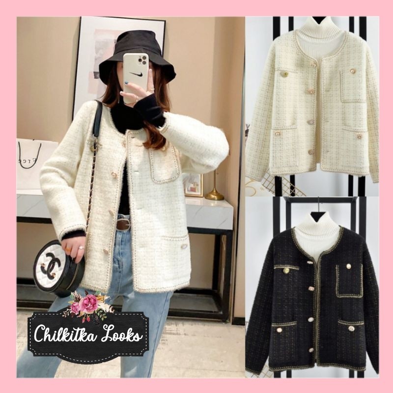 CHILKITKA LOOKS FASHION WANITA IMPORT ALLICE LUXURY FURRY BLAZER KNIT OVERSIZE / KNITWEAR  CARDI OVE