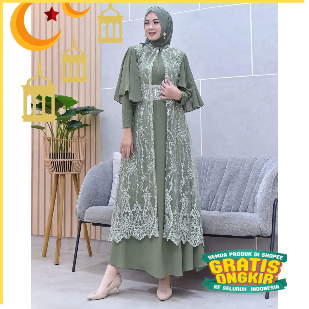 Dress Outer Brukat Pesta Terbaru 2023 Green Sage Gamis Clarisa By Ghina  Set Inner + Outer Free Belt