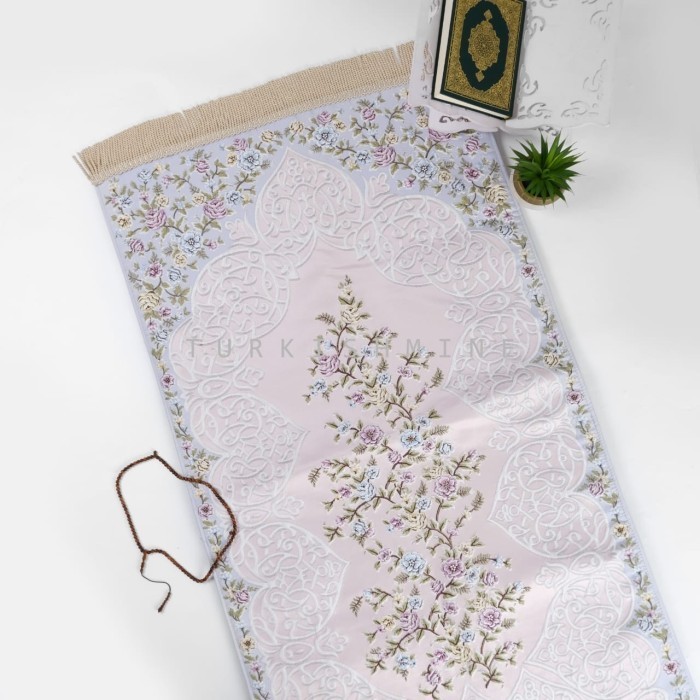 Sajadah Turki Luxury Satin Silk Flower Bordir mewah tebal - pink cream