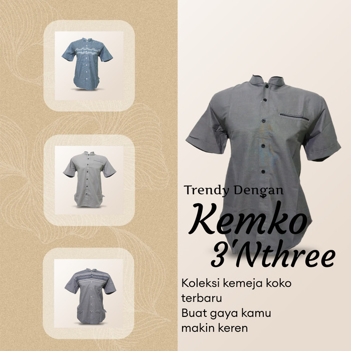 Kemeja Koko Pria 3'Nthree Lengan Pendek Katun Ukuran M L XL XXL