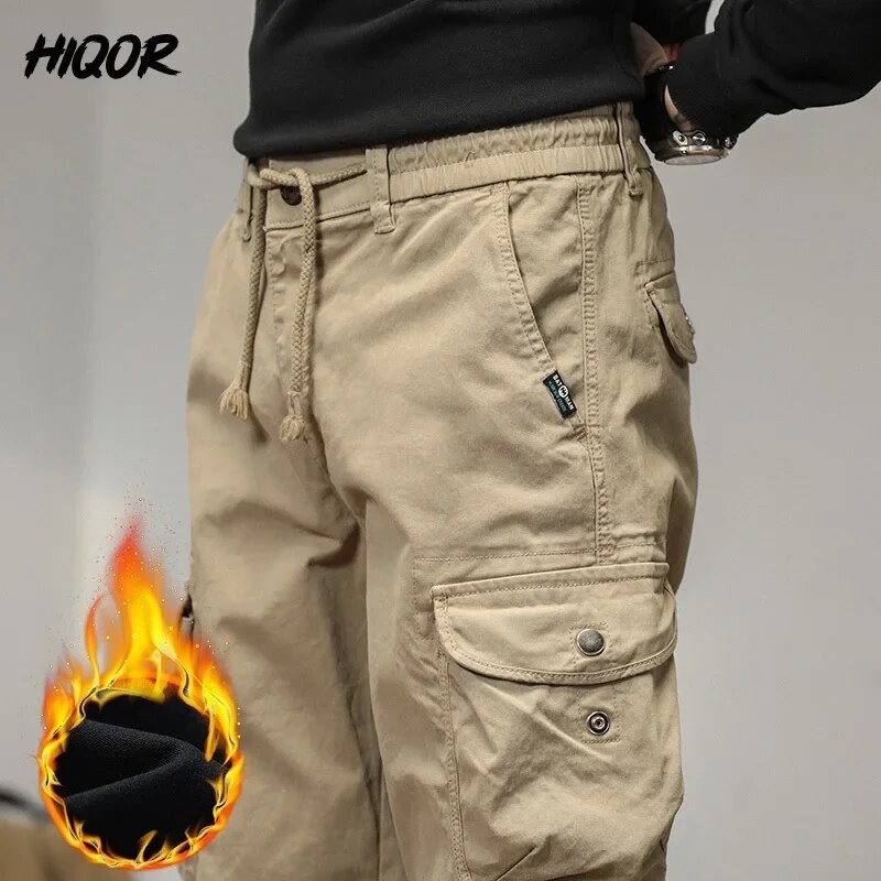 HIQOR Multiple Pocket Mens Cargo Pants Winter Fleece Warm Military Trousers Male Outdoor Tactical Pa