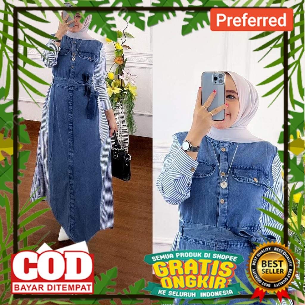 Gamis Jeans kombinasi Salur / Gamis Jeans wanita / Gamis Muslim wanita /Celline Dress Maxy Jeans// B