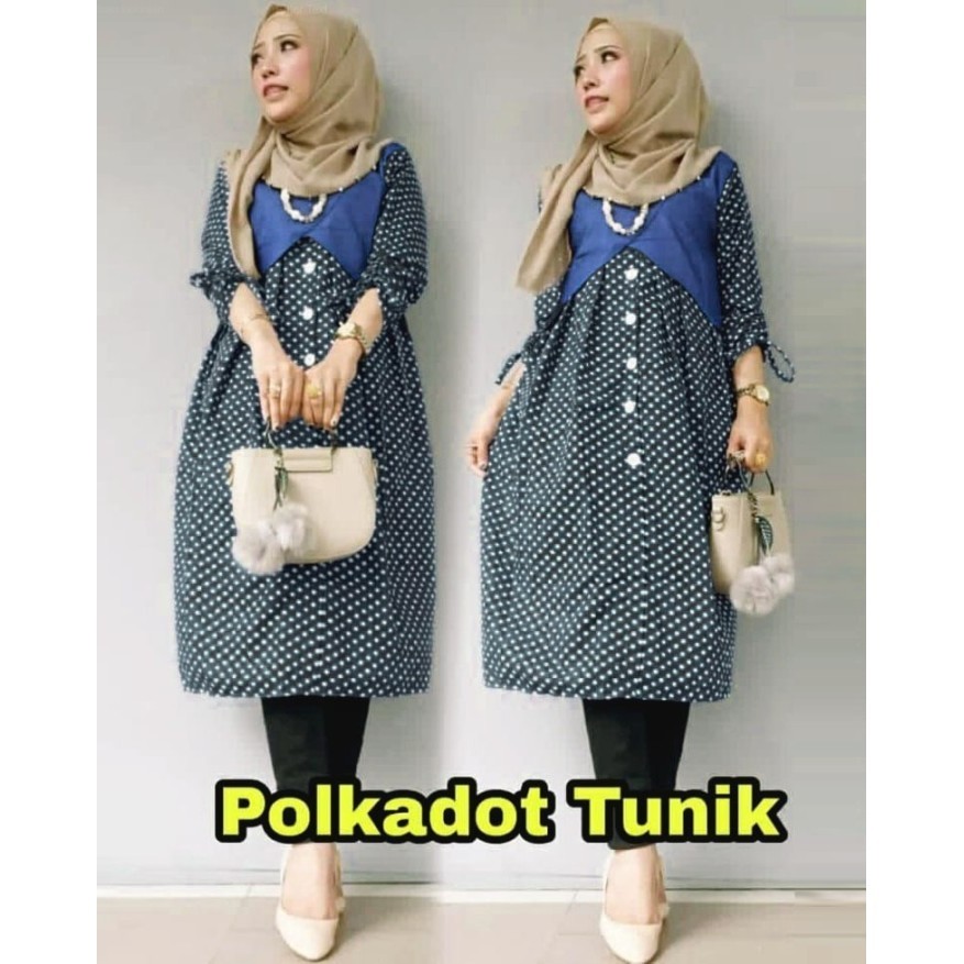 Baju TuniK POLKADOT OX Tunik Wanita katun Hitam Kekinian