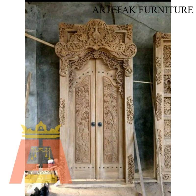 Artefak Furniture Pintu rumah motif anyaman ful kayu jati