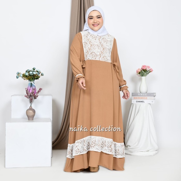 Gamis wanita polos jumbo XXL bahan crinckle premium kombinasi brokat - Coksu