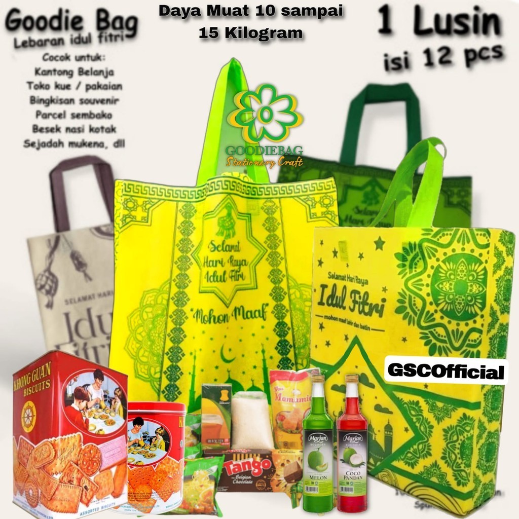 

Lusinan isi 12 pcs Tas Kain Spunbond Goodie Bag Lebaran Idul Fitri Ukuran 25x35 30x40 38x45 Sedang dan Jumbo Untuk Kantong Bingkisan Souvenir Box Toples Kue Tas parcel Lebaran , Sembako , Hampers THR, Kantong Kain, Goodybag paperbag kain Totebag Parsel