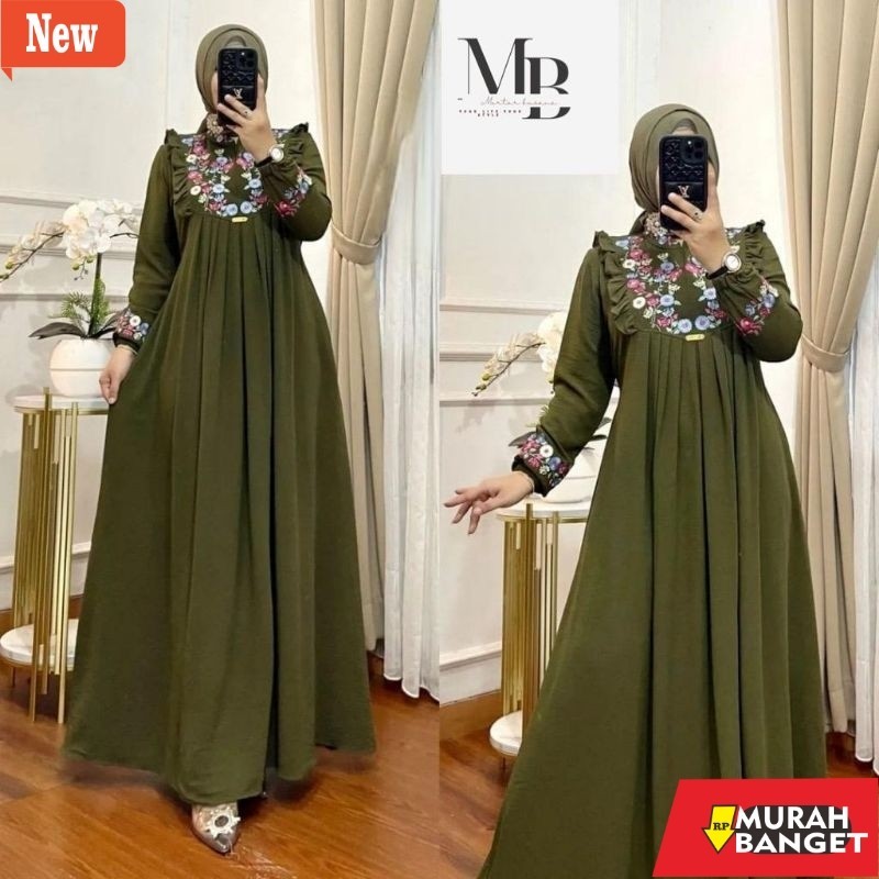 Gamis wanita untuk lebaran- GAMIS BORDIR BUNGA TIMBUL BAHAN CRINKLE/GAMIS AZIZAH MEWAH TERBARU TERMU