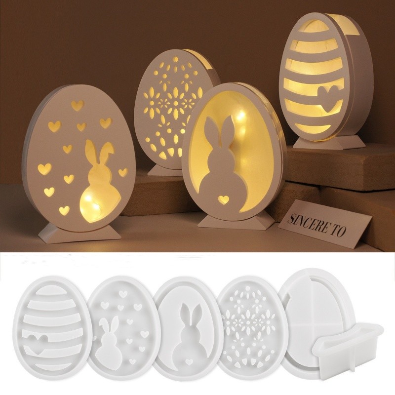 

Hollow Easter Egg Rabbit Lamp Silhouette Silicone Mold DIY Gypsum Candle Base Plug-in Decorative Ornament Resin Mold Handicrafts