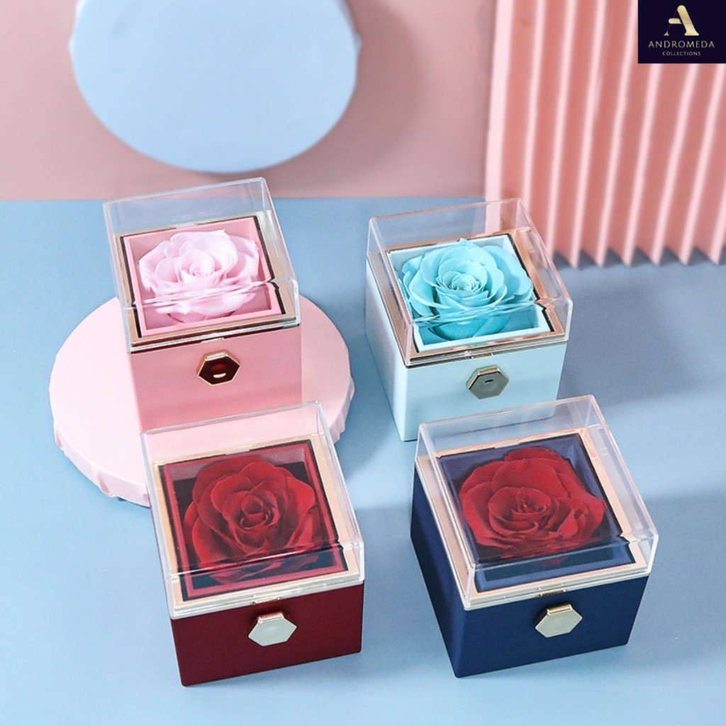 Kotak perhiasan mawar tempat cincin kalung bunga kado valentine romantis propose rotating jewelry bo