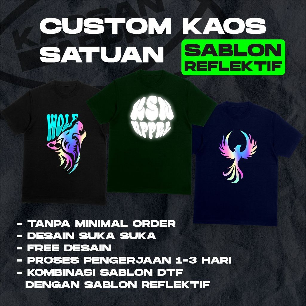 FR65E Kaos Custom Satuan Sablon Hologram Reflektif / Custom Kaos Nyala Hologram / Sablon Satuan Glow