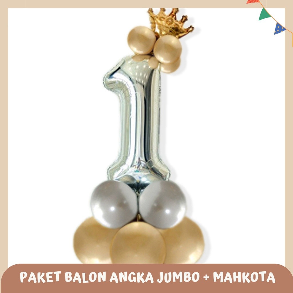 Paket Balon Angka Jumbo Crown Mini/ Balon angka 100 cm Gold Silver