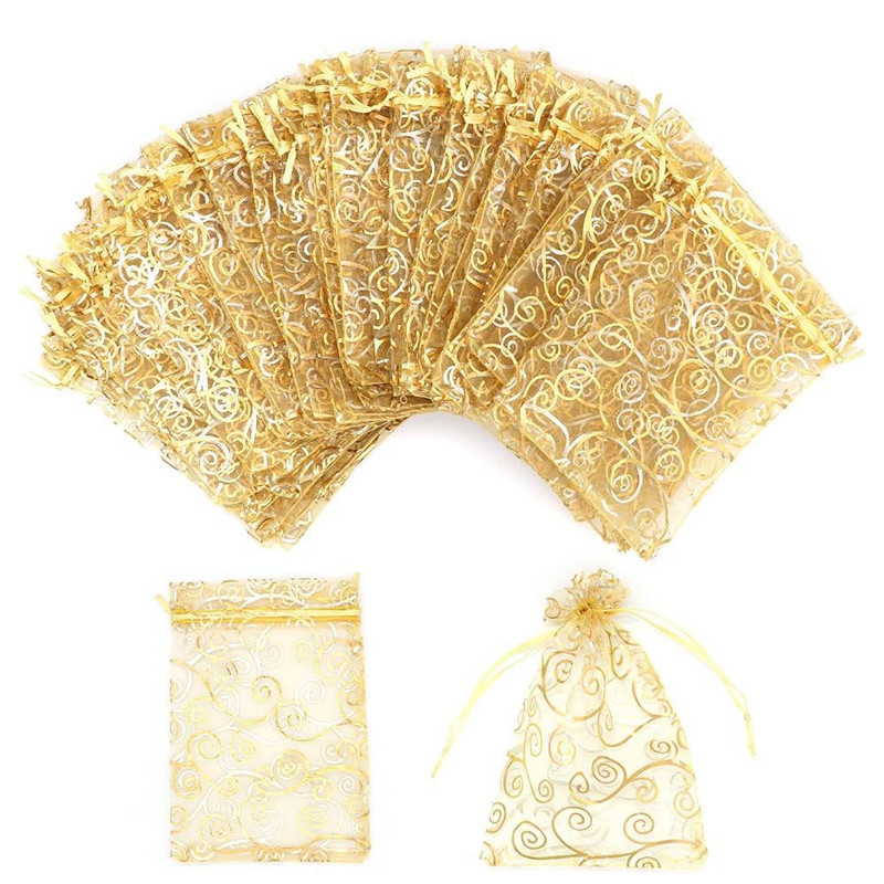 

Organza Gift Bags 100Pcs Gold Sheer Organza Bag Mesh Favor Bags Drawstring Jewelry Rattan Printed Gift Pouches Gifts Candy Bags