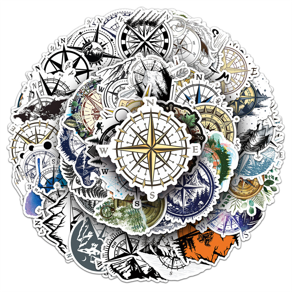 

50pcs Cartoon Vintage Compass Stickers For Scrapbook Guitar Phone Suitcase DIY Retro Sticker Craft Supplies